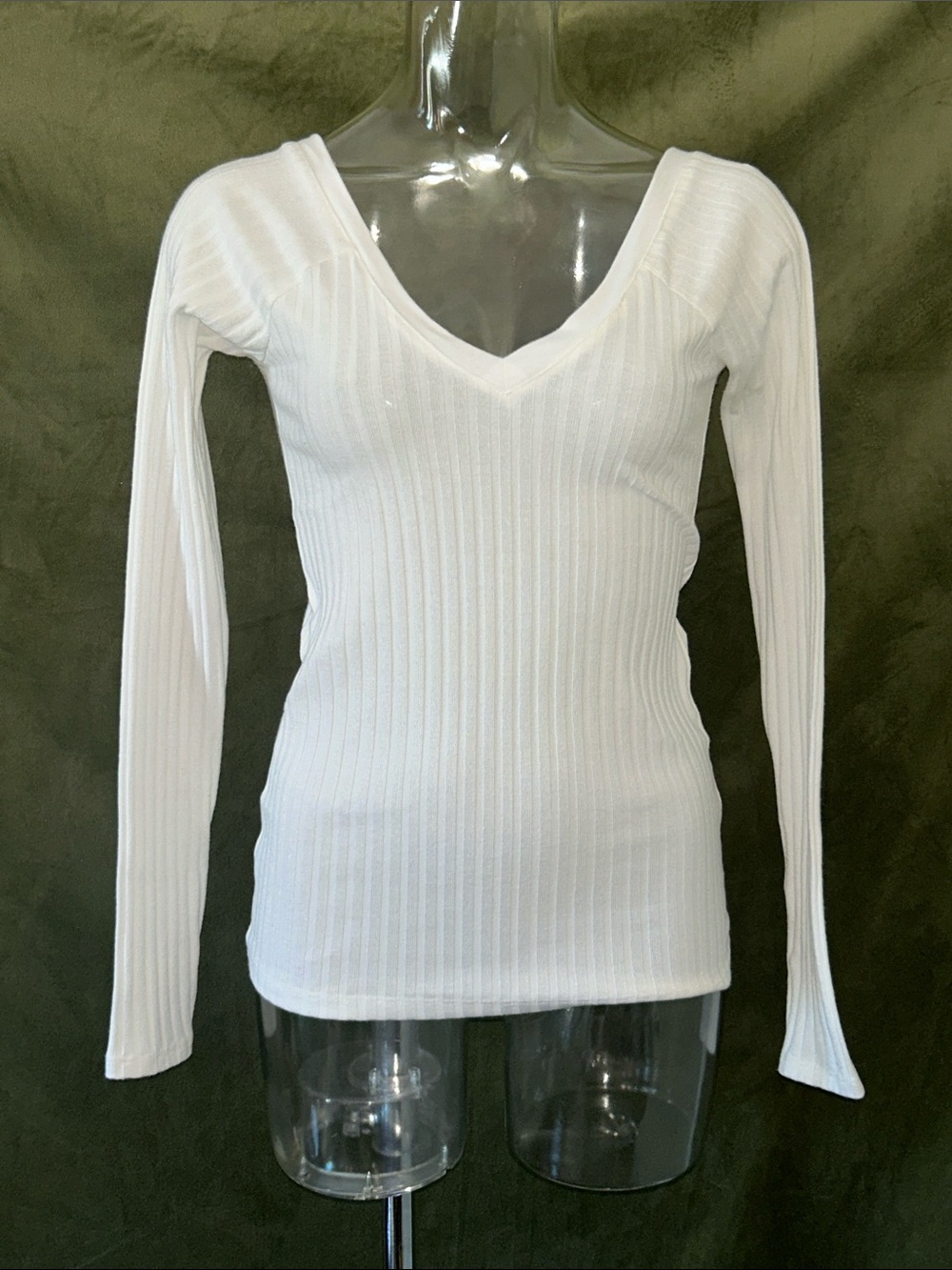 Zara White Ribbed V-Neck Long Sleeve Top